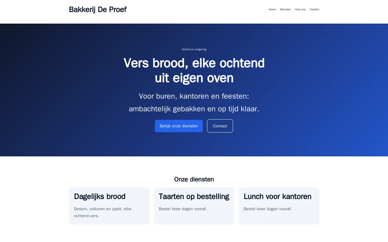 Voorbeeldsite met het ontwerp Klein bedrijf, ingevuld met voorbeeldtekst