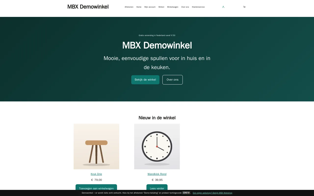 De demowinkel op een laptop: homepage met uitgelichte producten